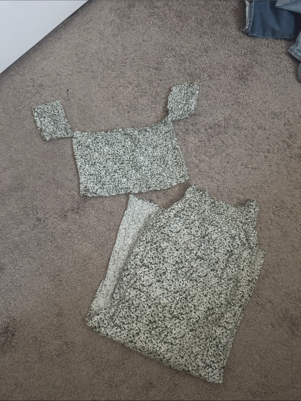Two-Piece Green Floral Crop Top and Skirt Set